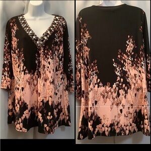 Together Tunic Women’s Size Large Beaded, Floral Loose Fit Black Peach